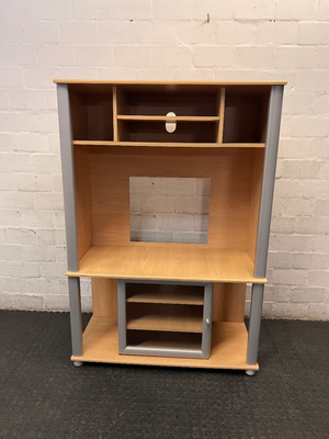 Light Wood Finish TV Unit with Silver Frame and Glass Door — Fair Condition