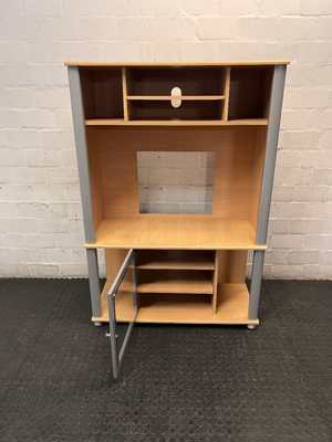 Light Wood Finish TV Unit with Silver Frame and Glass Door — Fair Condition