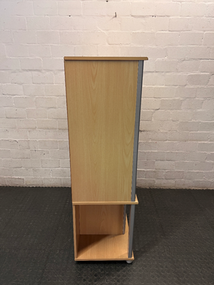 Light Wood Finish TV Unit with Silver Frame and Glass Door — Fair Condition