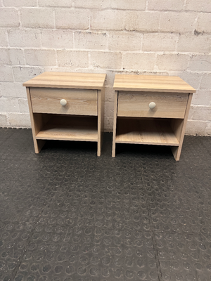 Light Wood-Look Bedside Table with Single Drawer — Used; Fair Condition