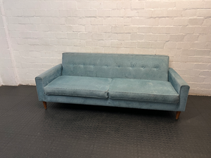 Mid-Century Style Blue Velvet 3 Seater Couch — Fair Condition with Visible Wear - 2ndhandwarehouse.com