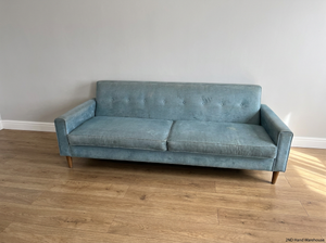 Mid-Century Style Blue Velvet 3 Seater Couch — Fair Condition with Visible Wear - 2ndhandwarehouse.com