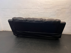 Modern Black Leather 3 Seater Couch with Ribbed Padding - 2ndhandwarehouse.com