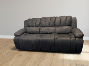 Modern Black Leather 3 Seater Couch with Ribbed Padding - 2ndhandwarehouse.com