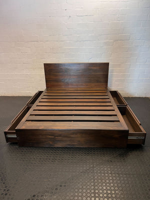 Modern Dark Wood Platform Queen Bed Frame & Headboard With Drawers - 2ndhandwarehouse.com