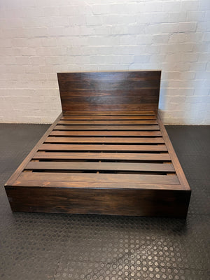 Modern Dark Wood Platform Queen Bed Frame & Headboard With Drawers - 2ndhandwarehouse.com