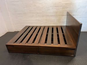 Modern Dark Wood Platform Queen Bed Frame & Headboard With Drawers - 2ndhandwarehouse.com