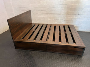 Modern Dark Wood Platform Queen Bed Frame & Headboard With Drawers - 2ndhandwarehouse.com