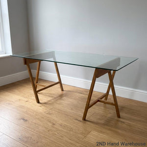 Modern Glass Top Trestle Table