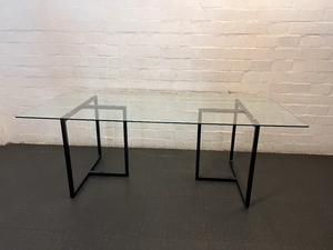 Modern Industrial Glass Dining Table with Black Metal Base — Good Condition - 2ndhandwarehouse.com
