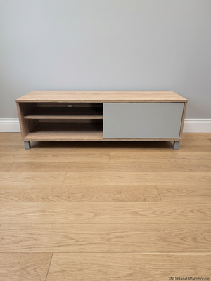 Modern Wood Look TV Unit with Grey Sliding Door — Well Used Condition