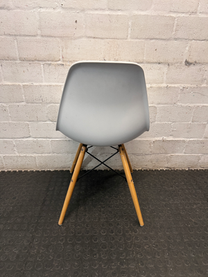 Moulded White Dining Chair with Wooden Legs — Visible Wear and Fair Condition
