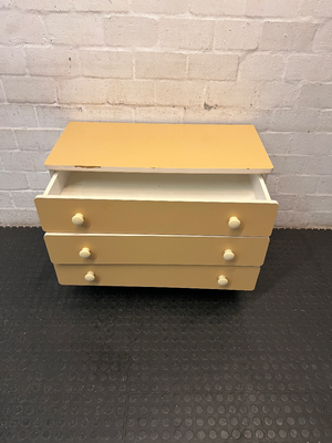 Mustard and White Three-Drawer Chest of Drawers — Well Used with Edge Damage to Top S - 2ndhandwarehouse.com