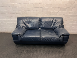 Navy Blue 2 Seater Leather-Look Couch — Used; Fair Condition