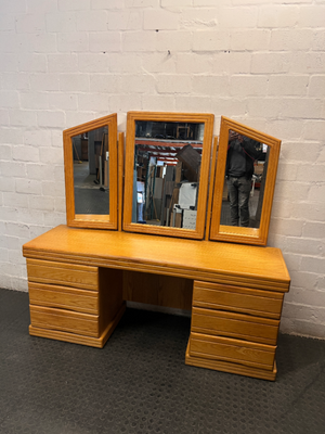 Oak-Finish Dressing Table with Triple Mirror — Fair Condition with Surface Wear