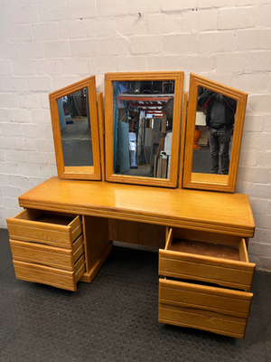 Oak-Finish Dressing Table with Triple Mirror — Fair Condition with Surface Wear