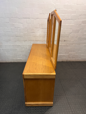 Oak-Finish Dressing Table with Triple Mirror — Fair Condition with Surface Wear