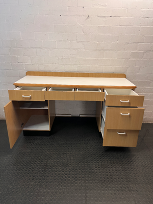 Oak Tone Dual Pedestal Office Desk with White Top — Good Pre-Owned Condition
