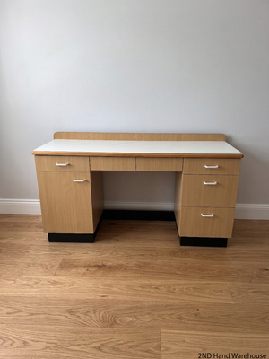 Oak Tone Dual Pedestal Office Desk with White Top — Good Pre-Owned Condition