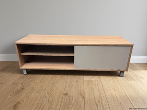 Oak Tone TV Unit with Grey Sliding Door — Very Good Condition