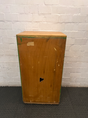 Oak-Toned Glass Door Display Cabinet with Drawer — Fair Condition with Visible Wear