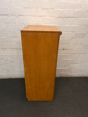 Oak-Toned Glass Door Display Cabinet with Drawer — Fair Condition with Visible Wear