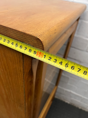 Oak-Toned Glass Door Display Cabinet with Drawer — Fair Condition with Visible Wear