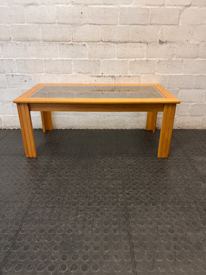 Oak Toned Wooden Coffee Table with Inset Glass Top — Very Good Condition