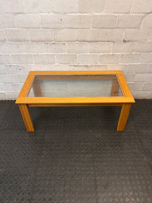 Oak Toned Wooden Coffee Table with Inset Glass Top — Very Good Condition
