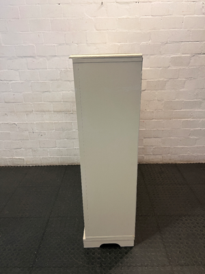 Off-White Wooden Storage Cupboard with Glass Inlay Doors — Fair Condition with Visible Wear