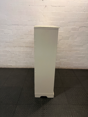 Off-White Wooden Storage Cupboard with Glass Inlay Doors — Fair Condition with Visible Wear