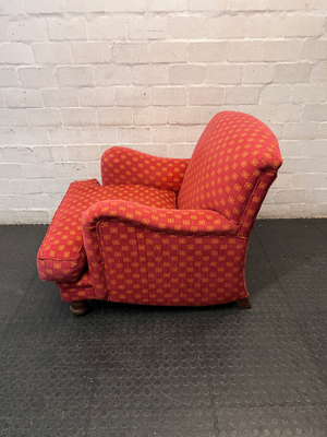 Patterned Red Upholstered Armchair with Bun Feet — Well Used Condition