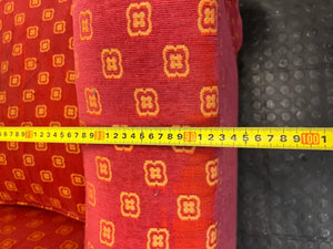 Patterned Red Upholstered Armchair with Bun Feet — Well Used Condition