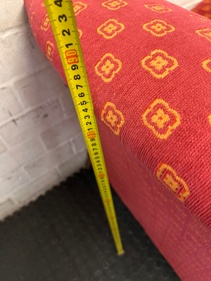 Patterned Red Upholstered Armchair with Bun Feet — Well Used Condition