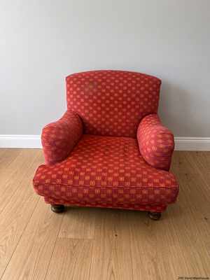 Patterned Red Upholstered Armchair with Bun Feet — Well Used Condition