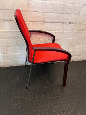 Red Fabric Reception Chair with Dark Wood Frame — Scuffed Armrests and Fair Used Condition - 2ndhandwarehouse.com