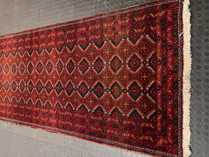 Red Geometric Diamond Pattern Kelim Runner — Used; Fair Condition