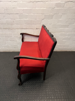 Red Velvet 2 Seater Couch with Ball & Claw Legs — Fair to Good Condition