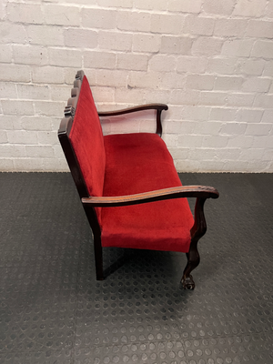 Red Velvet 2 Seater Couch with Ball & Claw Legs — Fair to Good Condition