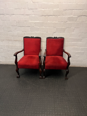 Red Velvety Upholstered Armchair with Carved Wood Frame — Fair to Good Condition
