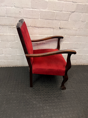 Red Velvety Upholstered Armchair with Carved Wood Frame — Fair to Good Condition