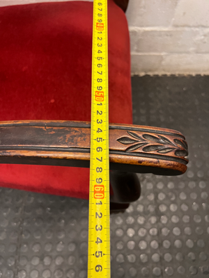 Red Velvety Upholstered Armchair with Carved Wood Frame — Fair to Good Condition