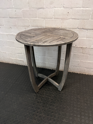 Round Slatted Wooden Outdoor Table with Curved Legs — Weather Exposed with Wear and Tear - 2ndhandwarehouse.com