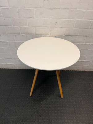 Round White Dining Table with Timber Eiffel Legs — Small Marks on Surface
