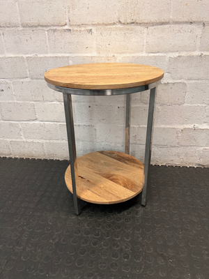 Round Wooden and Chrome Side Table with Lower Shelf — Fair Condition with Visible Wear - 2ndhandwarehouse.com