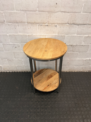 Round Wooden and Chrome Side Table with Lower Shelf — Fair Condition with Visible Wear - 2ndhandwarehouse.com