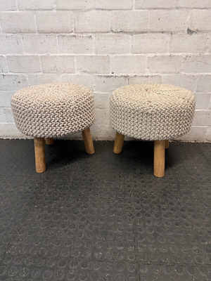 Round Woven Ottoman with Wooden Legs — Fair Condition with Signs of Previous Use