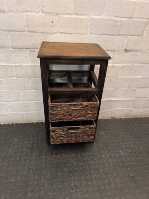 Rustic Dark Wood Side Table with Woven Baskets — Well Used with Visible Wear