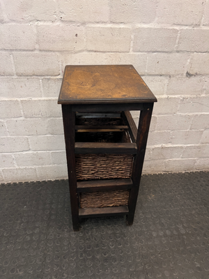 Rustic Dark Wood Side Table with Woven Baskets — Well Used with Visible Wear