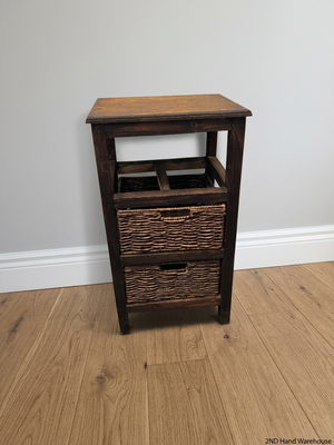 Rustic Dark Wood Side Table with Woven Baskets — Well Used with Visible Wear